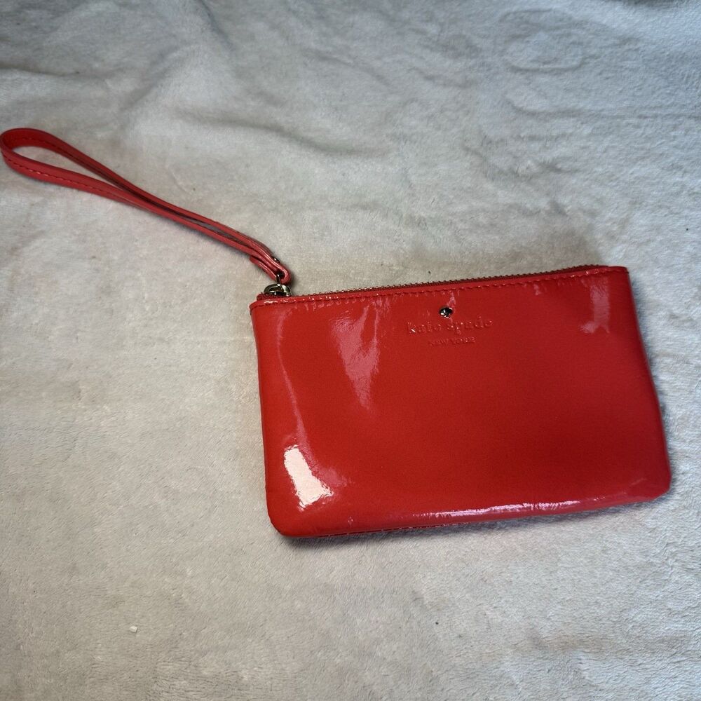 Kate Spade New York Coral Red Pink Patent Logo Zip Wristlet Pouch with Gold